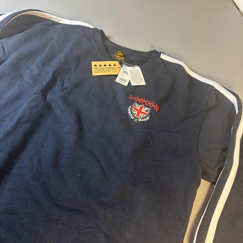 NWT FIVE STAR GENERAL Navy London Union Jack Shield‎ Crest Crewneck Sweatshirt M